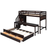 Stairway Twin XL Storage Wood Loft Bed with Twin Trundle / 3 Drawers / Wheeled Writing Desk, 97.8''L*42.4''W*62.5''H, 233LBS