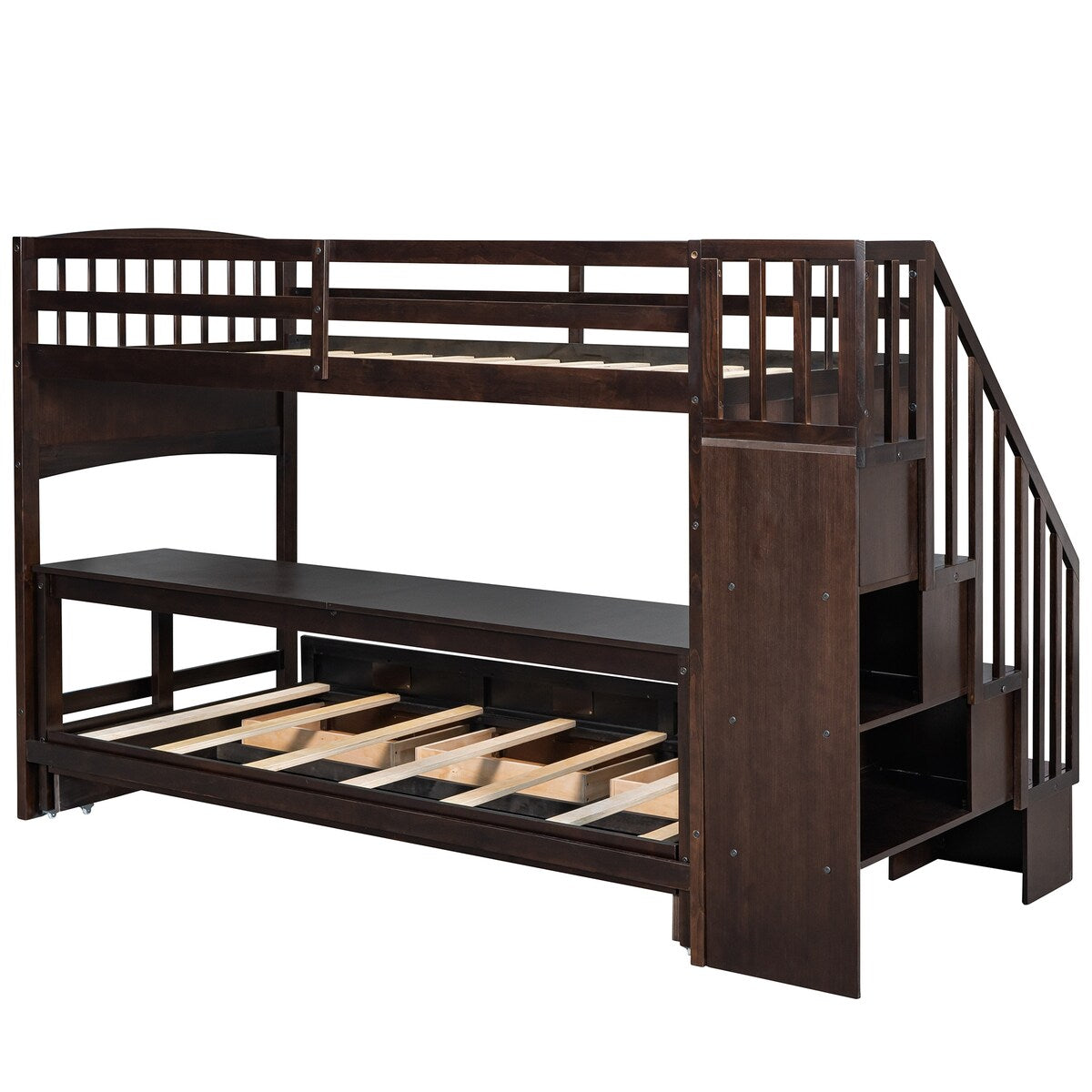 Stairway Twin XL Storage Wood Loft Bed with Twin Trundle / 3 Drawers / Wheeled Writing Desk, 97.8''L*42.4''W*62.5''H, 233LBS