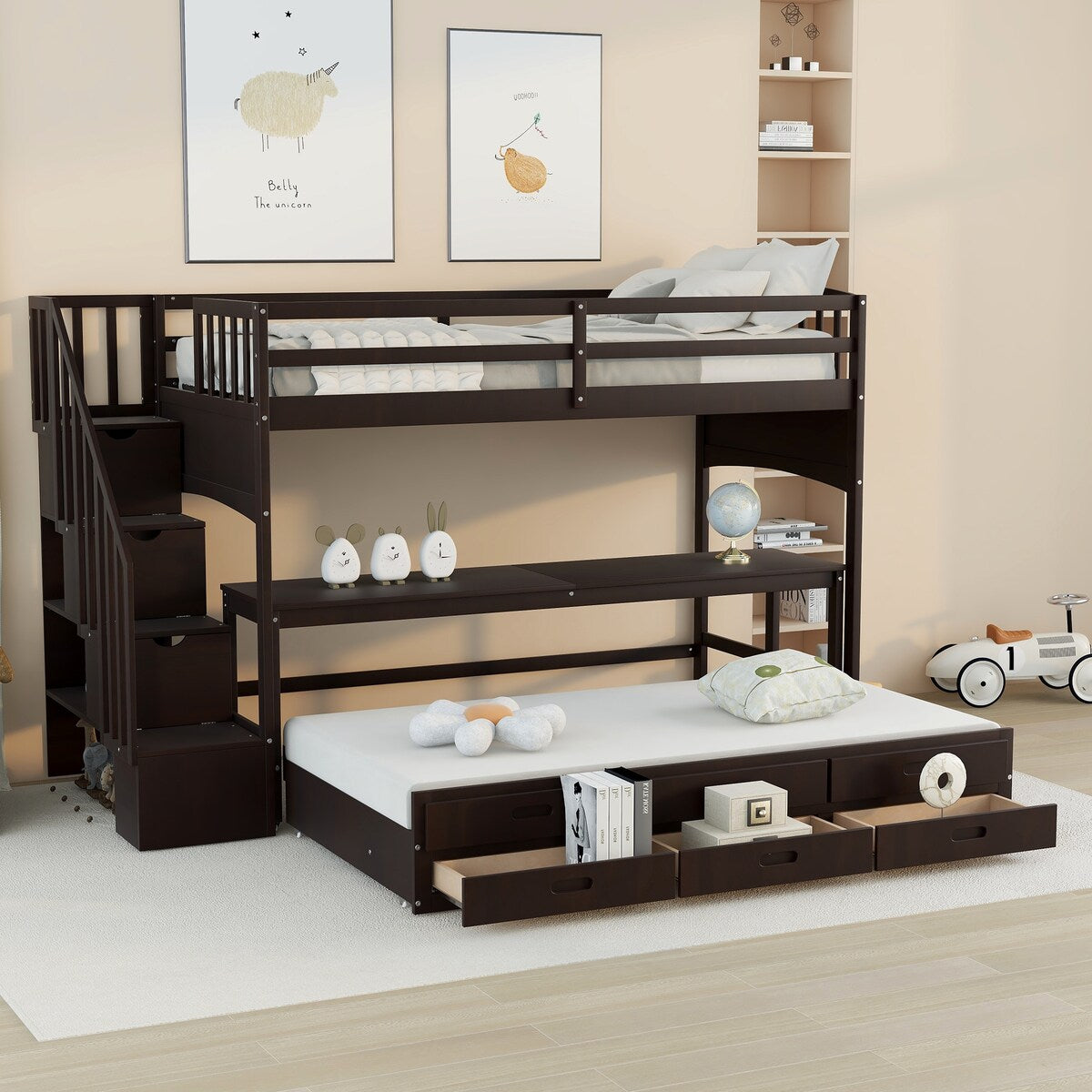 Stairway Twin XL Storage Wood Loft Bed with Twin Trundle / 3 Drawers / Wheeled Writing Desk, 97.8''L*42.4''W*62.5''H, 233LBS