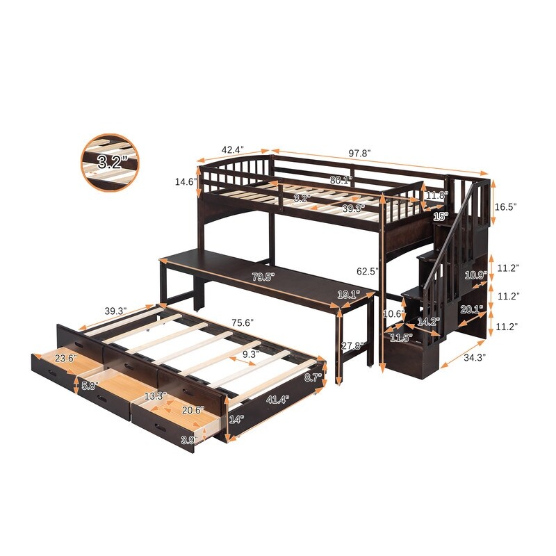 Stairway Twin XL Storage Wood Loft Bed with Twin Trundle / 3 Drawers / Wheeled Writing Desk, 97.8''L*42.4''W*62.5''H, 233LBS