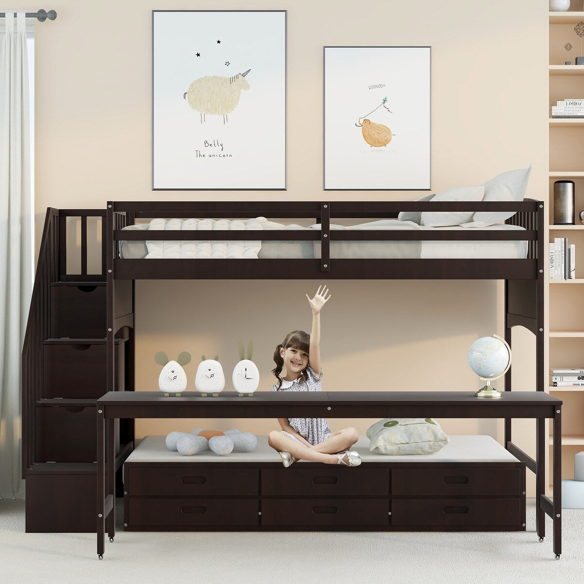 Stairway Twin XL Storage Wood Loft Bed with Twin Trundle / 3 Drawers / Wheeled Writing Desk, 97.8''L*42.4''W*62.5''H, 233LBS