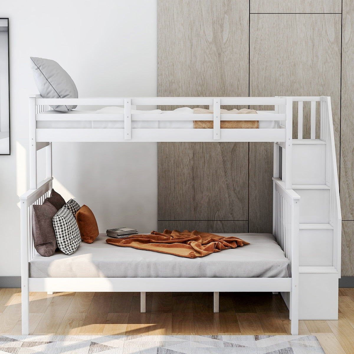 Stairway Wood Bunk Bed with Storage and Guard Rail