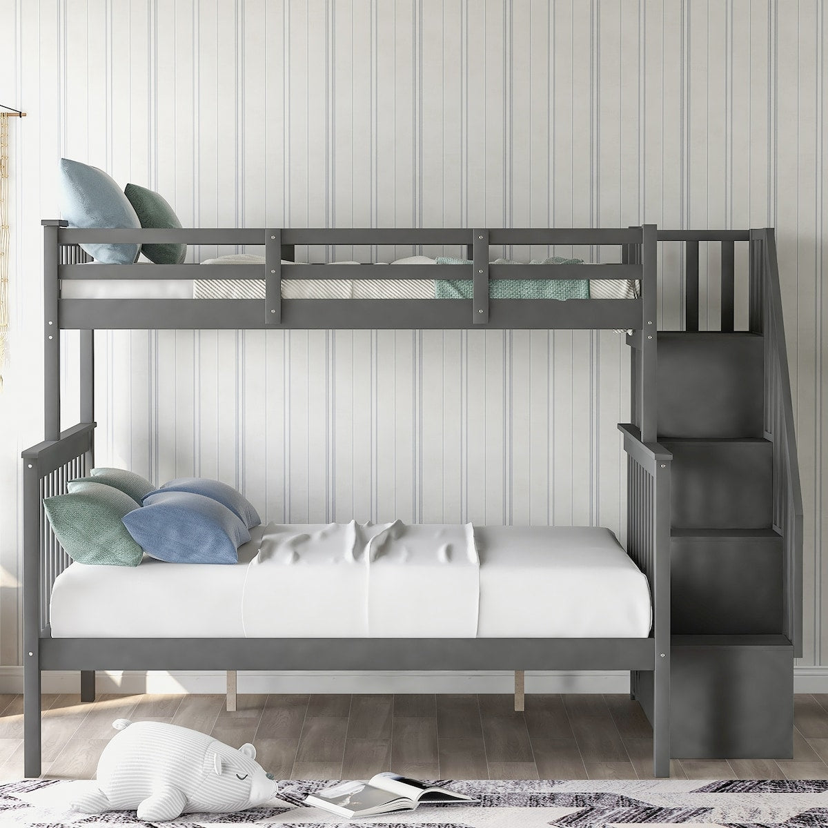 Stairway Wood Bunk Bed with Storage and Guard Rail