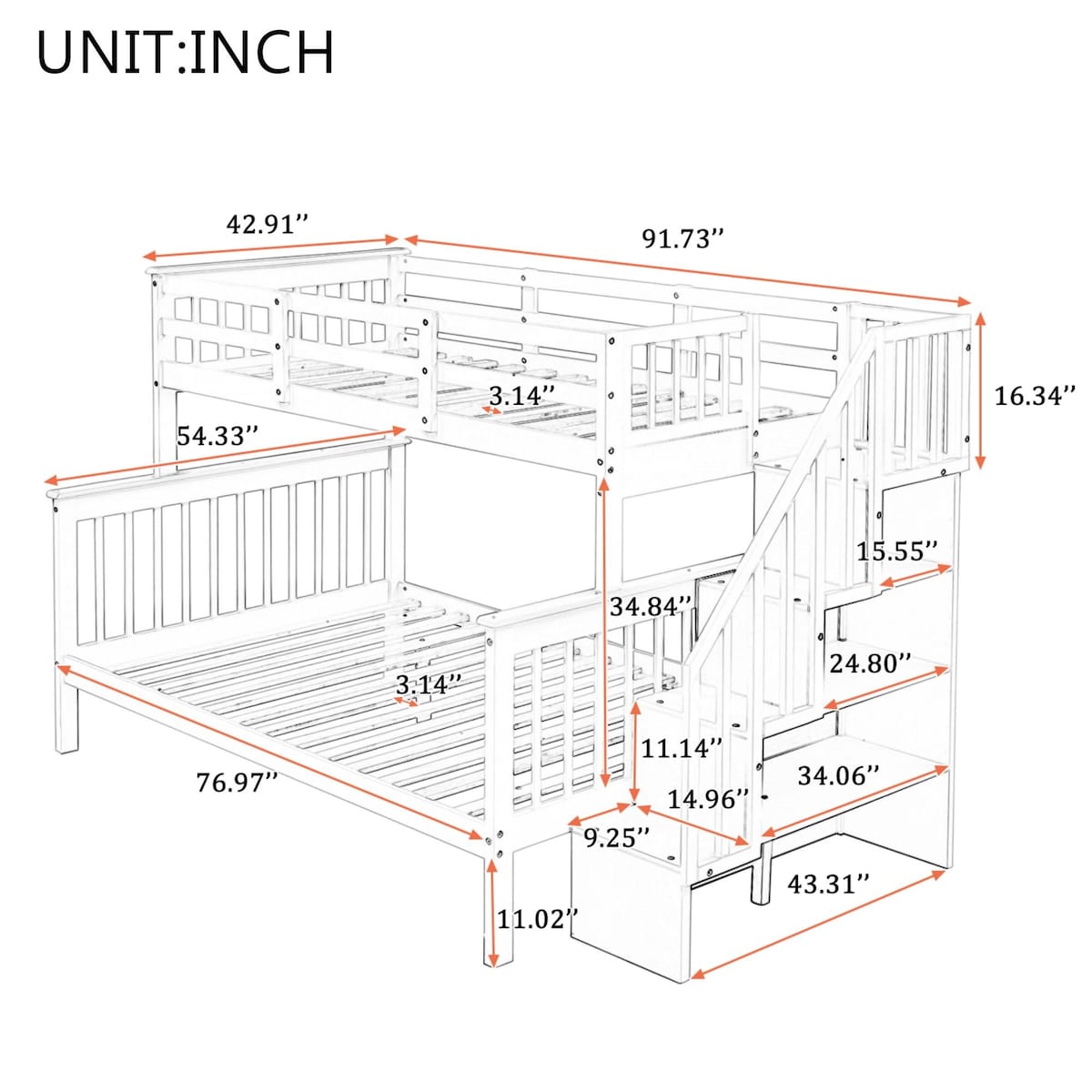 Stairway Wood Bunk Bed with Storage and Guard Rail