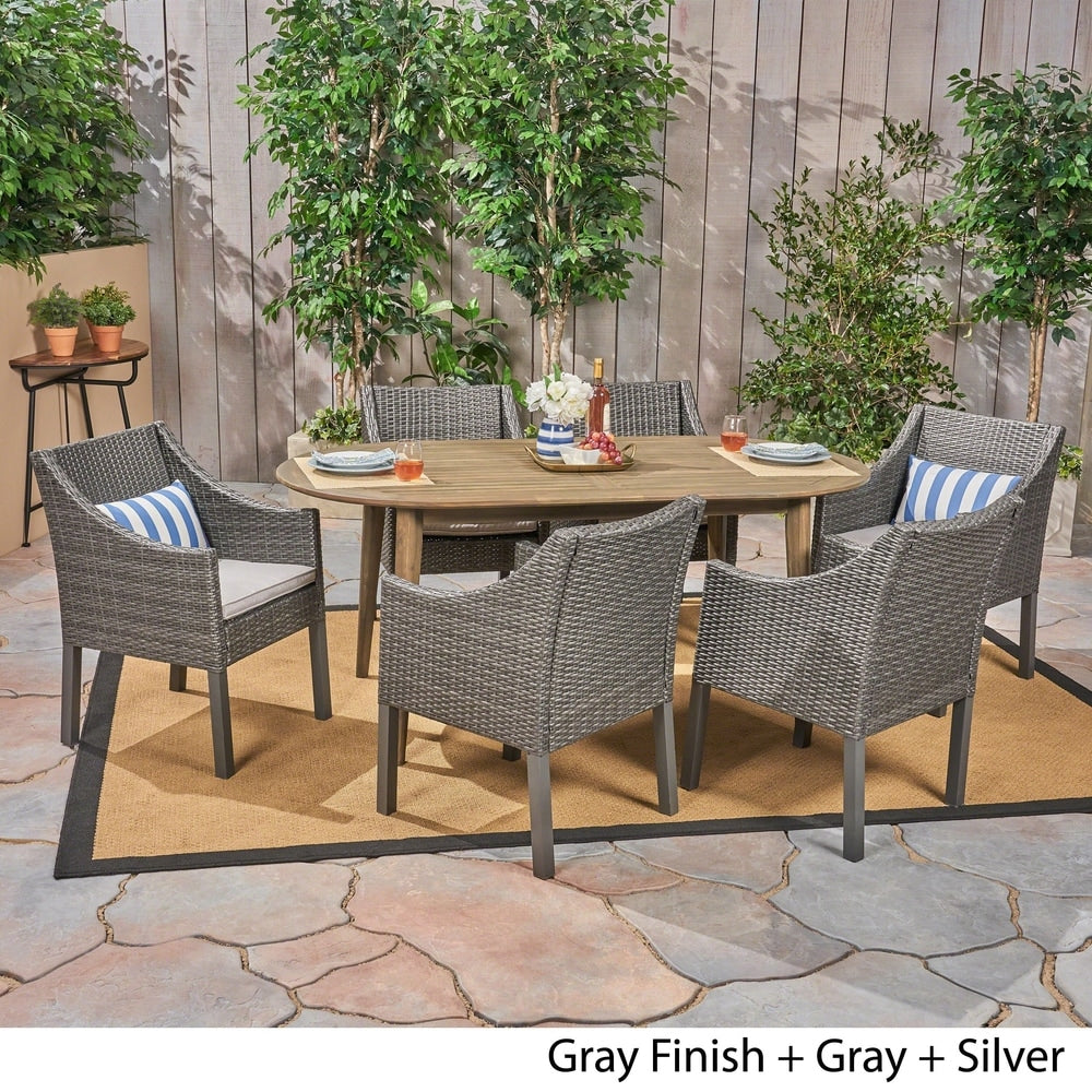 Stamford Outdoor 7-Piece Acacia Wood Dining Set with Wicker Chairs by Christopher Knight Home
