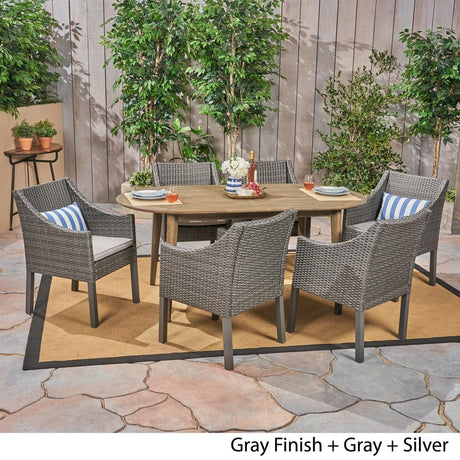 Stamford Outdoor 7-Piece Acacia Wood Dining Set with Wicker Chairs by Christopher Knight Home