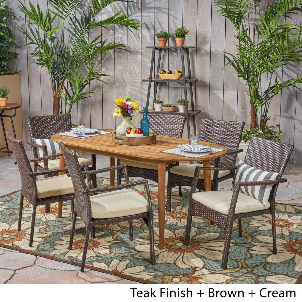 Stamford Outdoor 7-Piece Acacia Wood Dining Set with Wicker Chairs by Christopher Knight Home