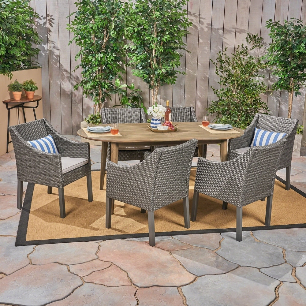 Stamford Outdoor 7-Piece Acacia Wood Dining Set with Wicker Chairs by Christopher Knight Home