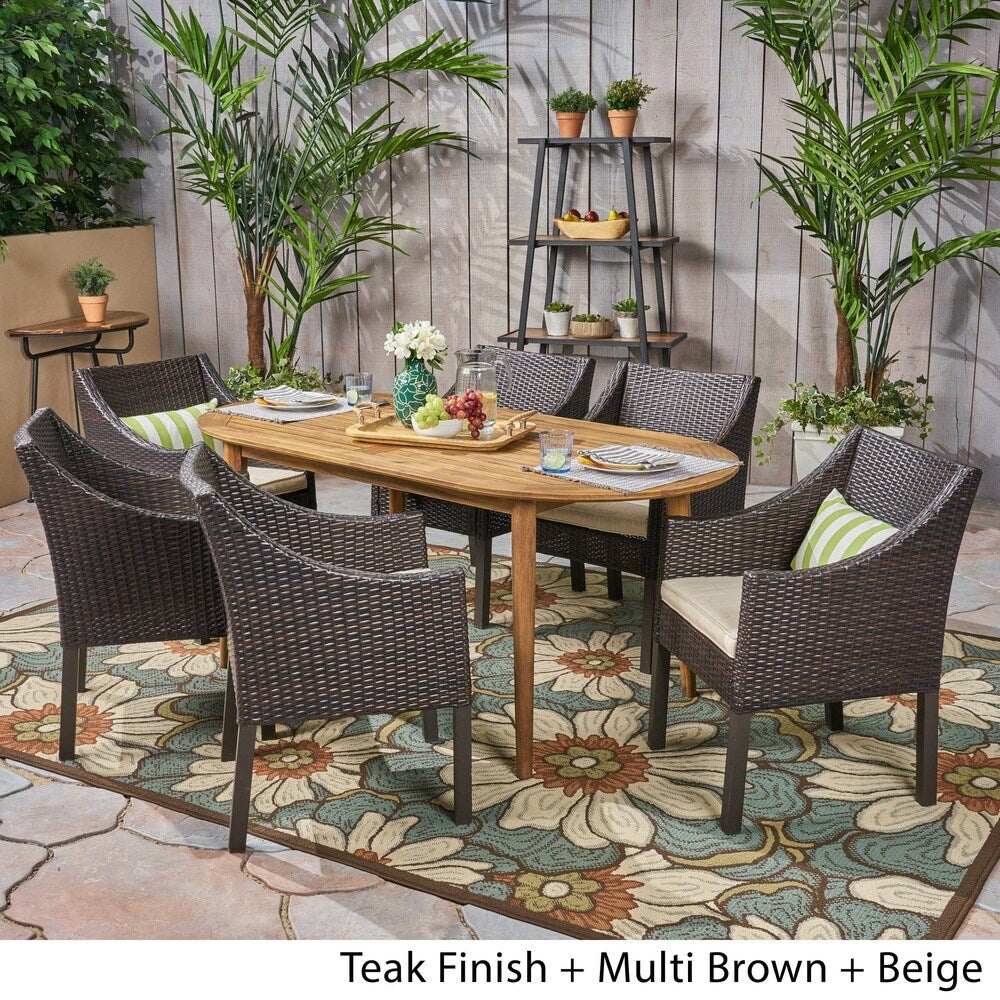 Stamford Outdoor 7-Piece Acacia Wood Dining Set with Wicker Chairs by Christopher Knight Home