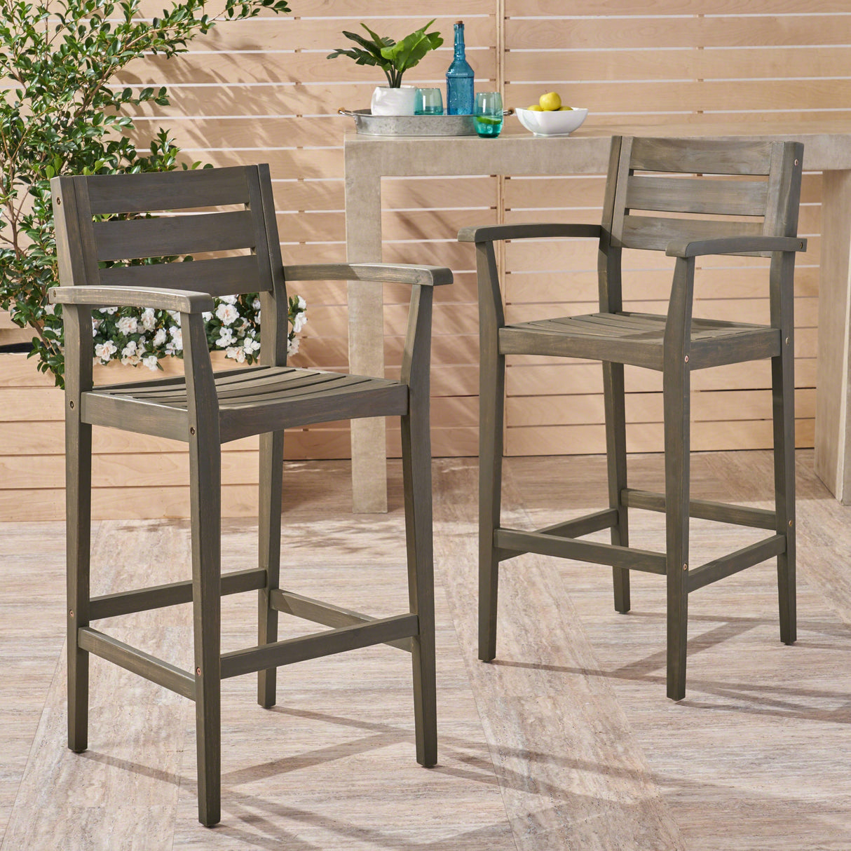 Stamford Outdoor Rustic Acacia Wood Barstool (Set of 2) by Christopher Knight Home