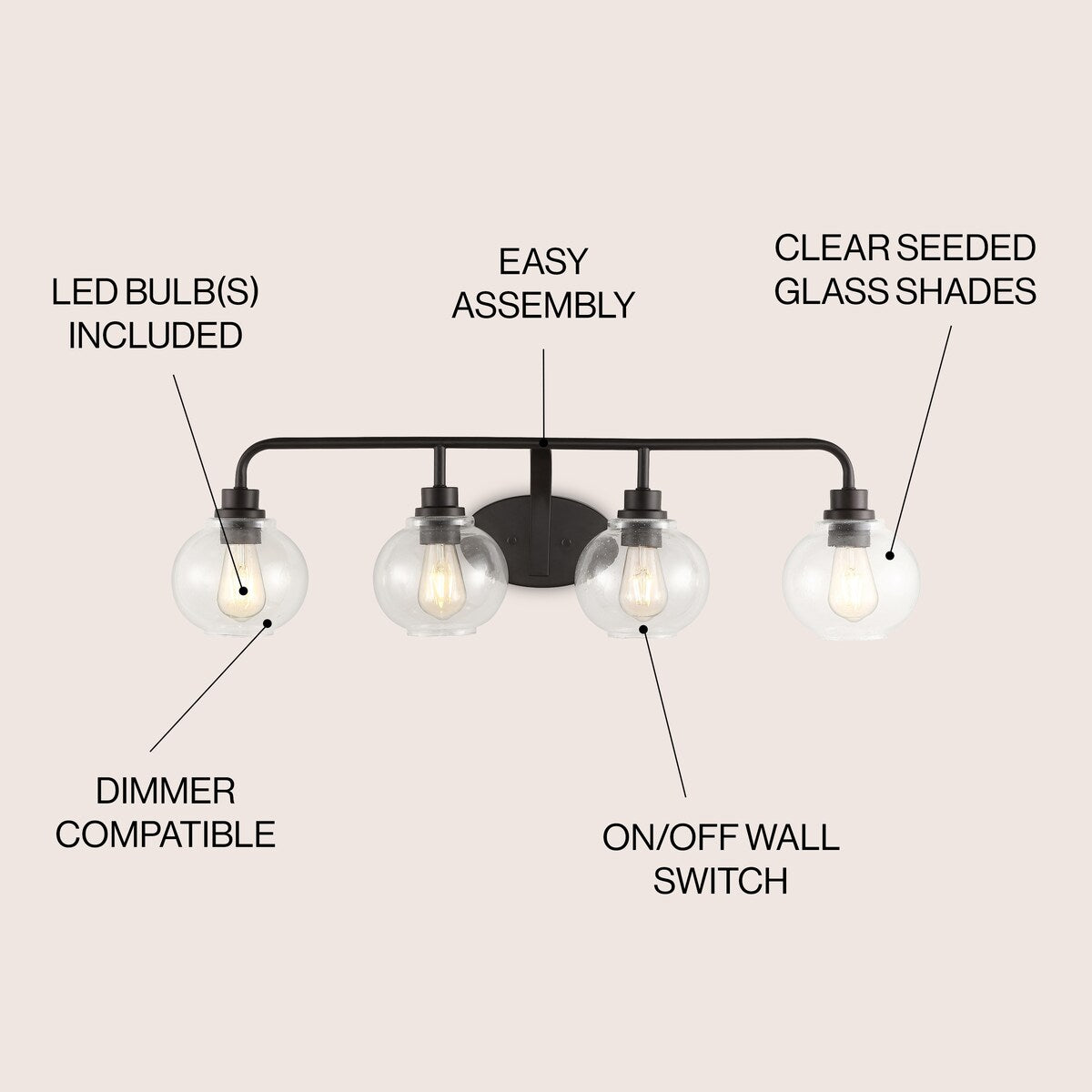 Staunton Iron/Seeded Glass Cottage Rustic LED Vanity Light, by JONATHAN Y