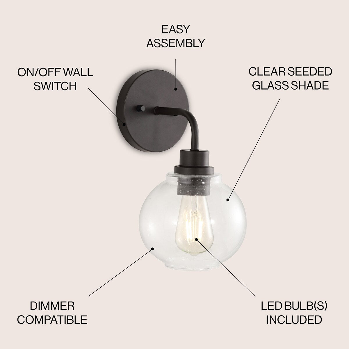 Staunton Iron/Seeded Glass Cottage Rustic LED Vanity Light, by JONATHAN Y