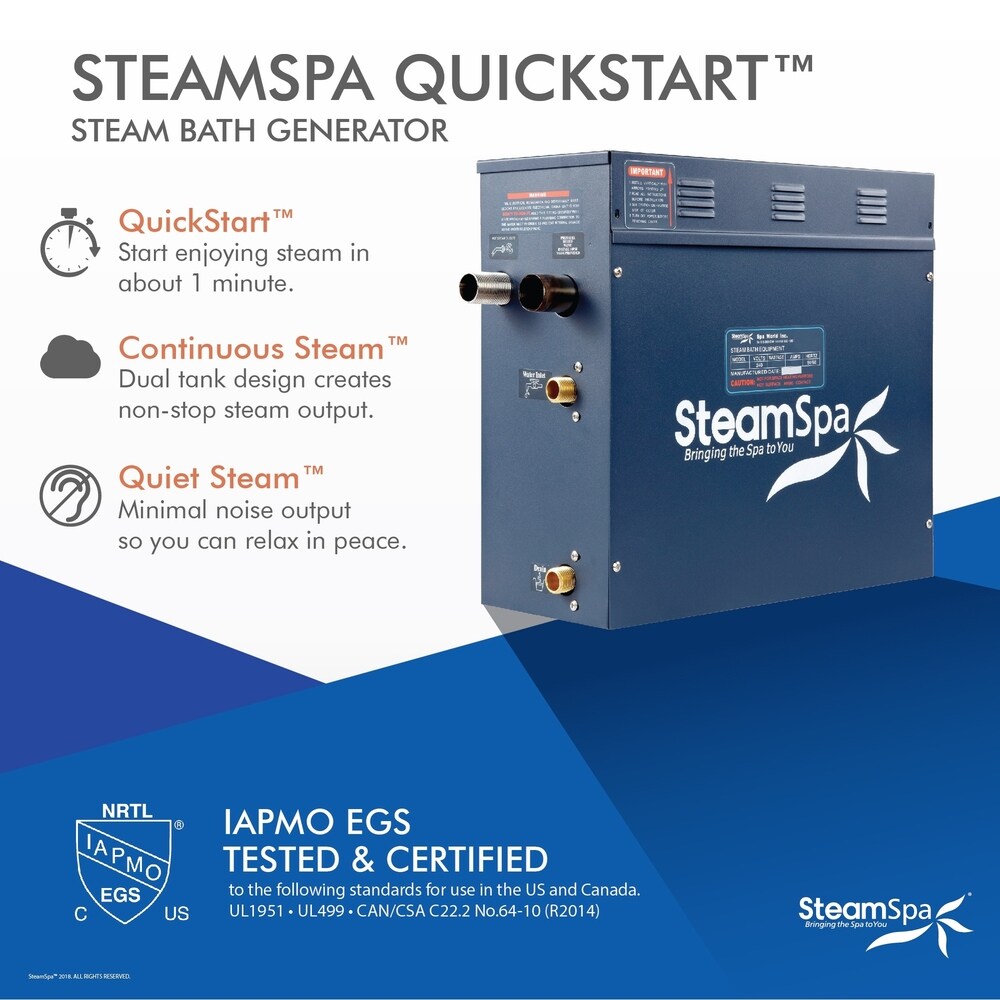 SteamSpa Oasis 4.5 KW QuickStart Steam Bath Generator Package with Built-in Auto Drain in Brushed Nickel