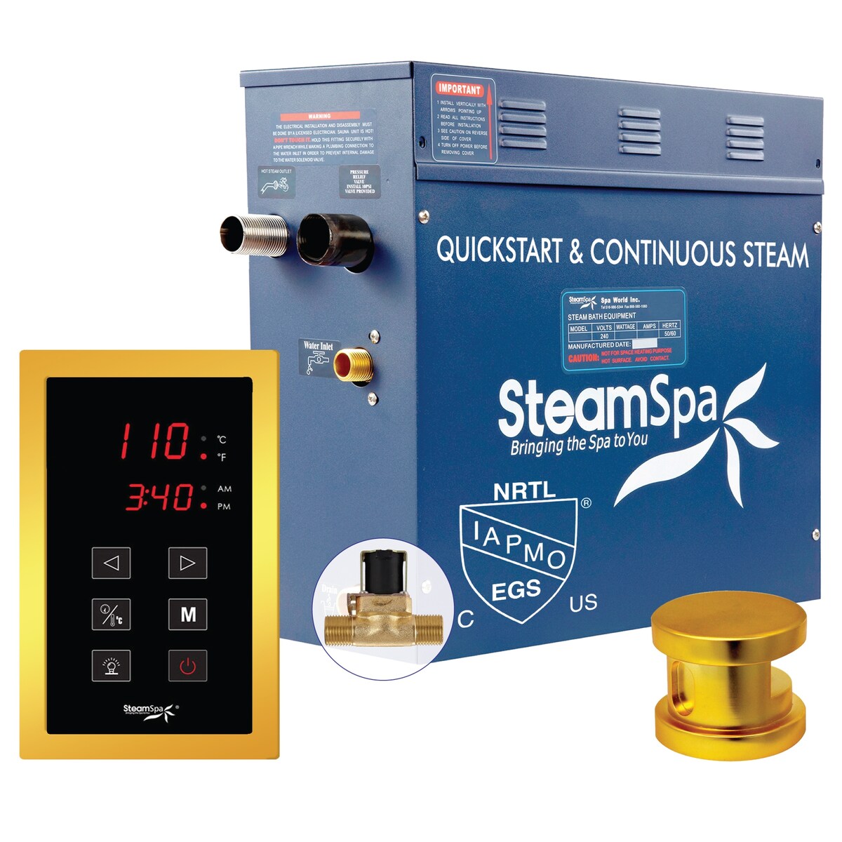 SteamSpa Oasis 6 KW QuickStart Acu-Steam Touch Panel Bath Generator Package with Built-in Auto Drain in Gold