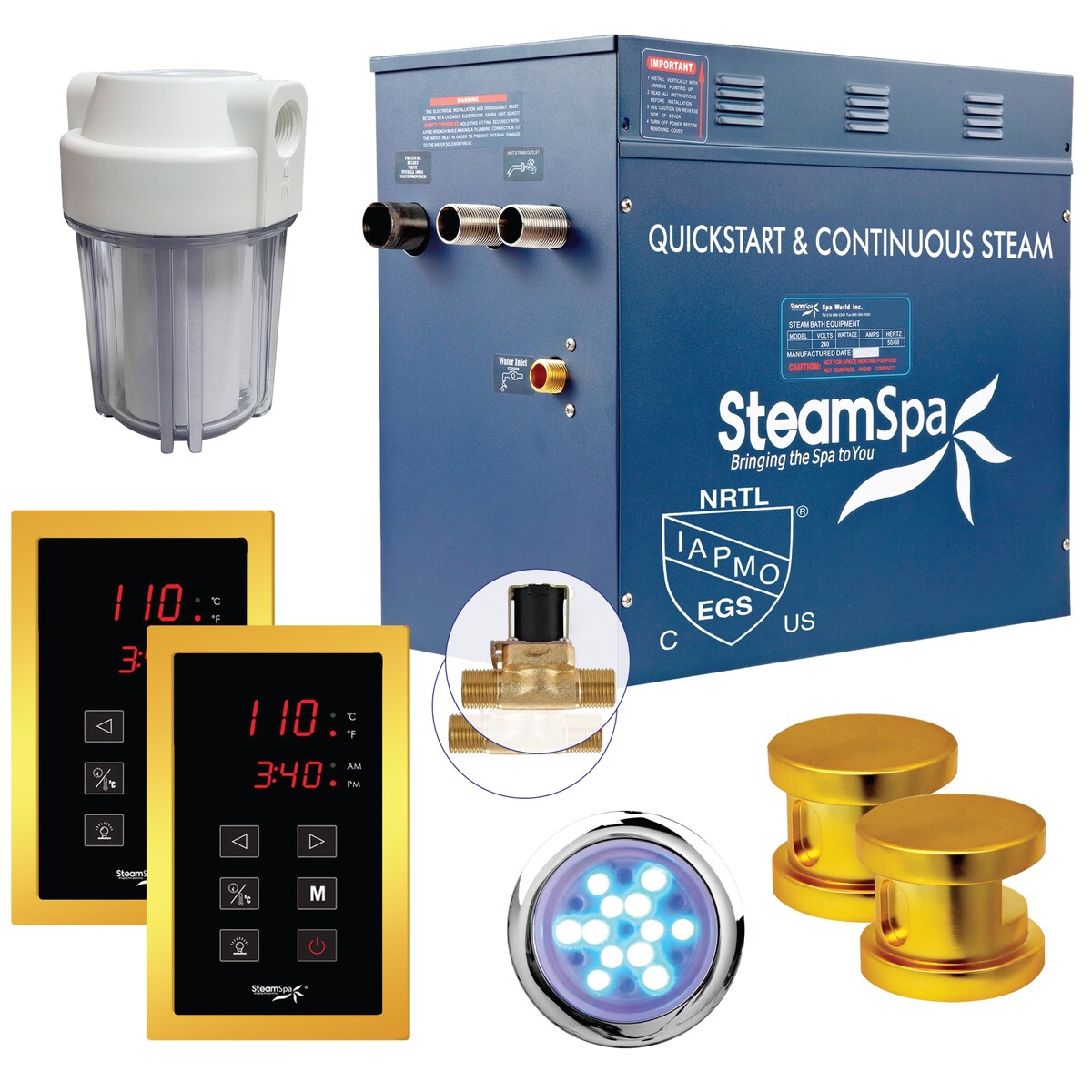 SteamSpa Royal 10.5 KW QuickStart Acu-Steam Touch Panel Bath Generator Package with Built-in Auto Drain in Gold
