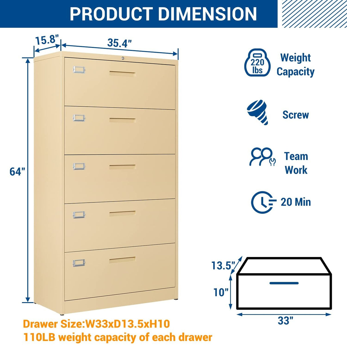 Steel 5 Drawer Lateral File Cabinet Storage Cabinets