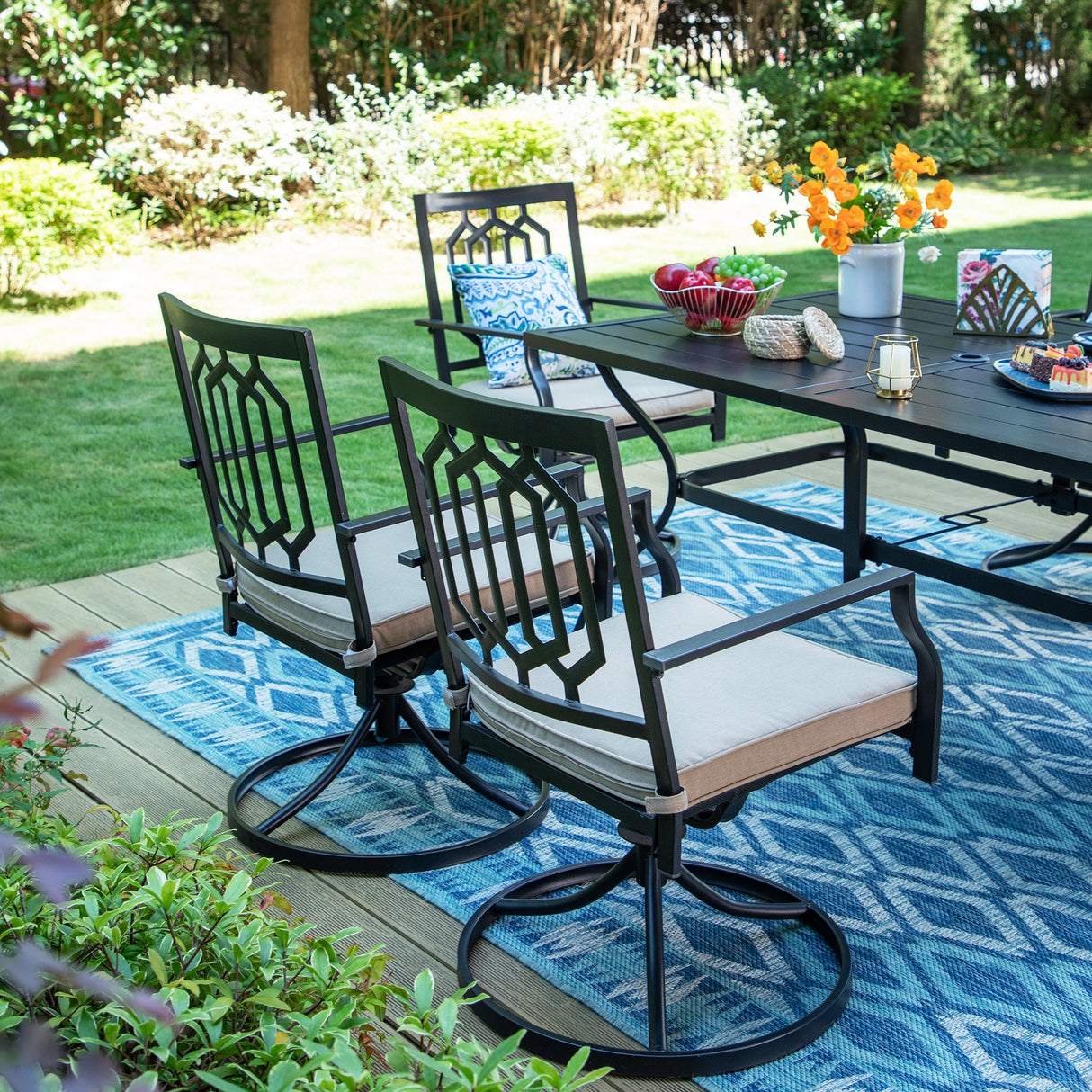 MAISON ARTS Steel 7-piece Outdoor Dining Table and Swivel Chair Set with Cushions