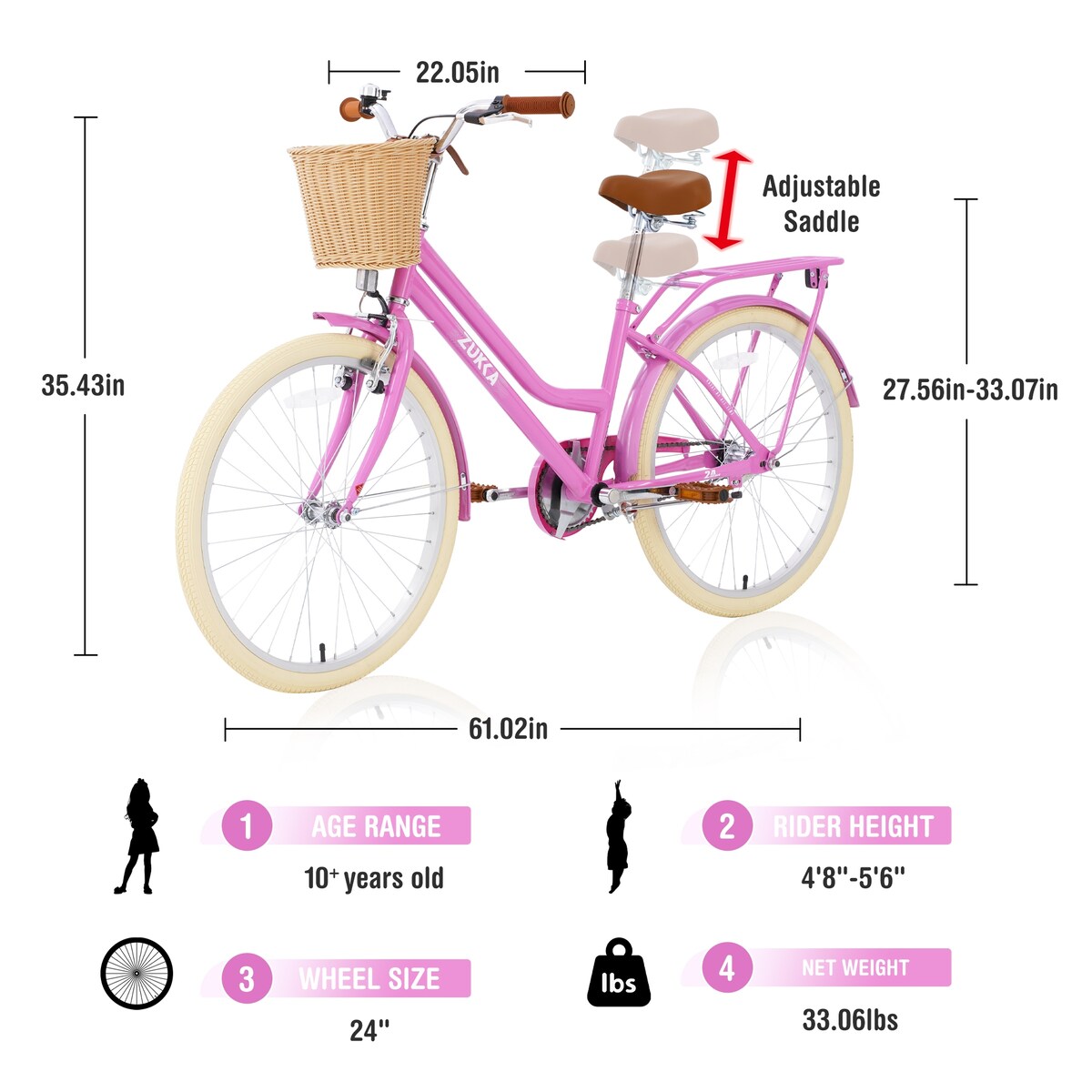 Steel Frame, Multiple Colors, for 10+Years Old Girls Bike, 24 inch wheel