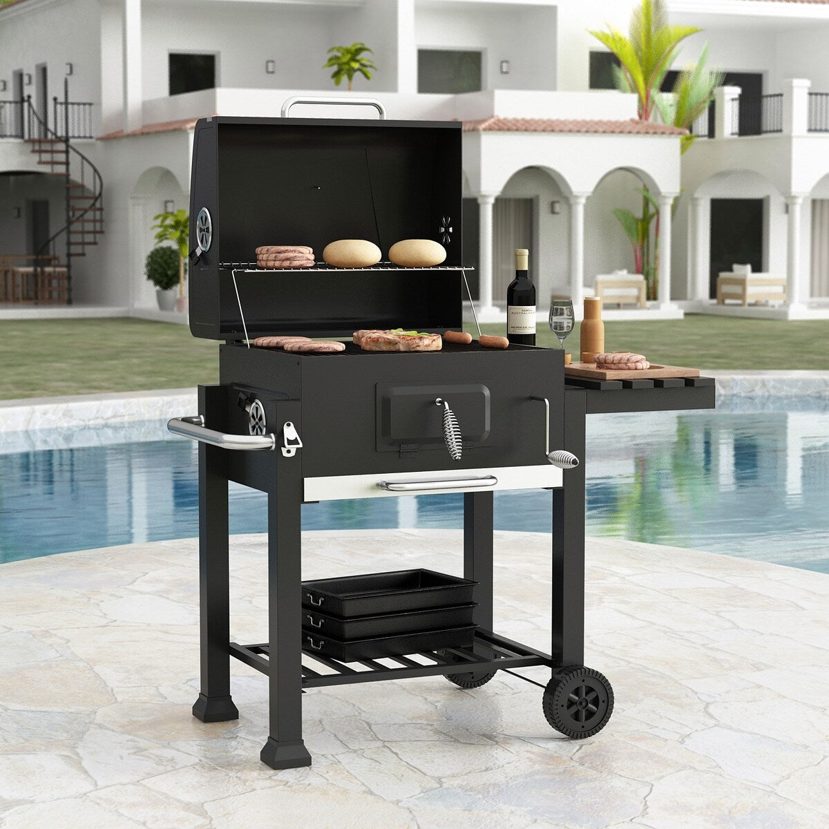 Steel Portable Outdoor Charcoal BBQ Grill Offset Smoker With Cover