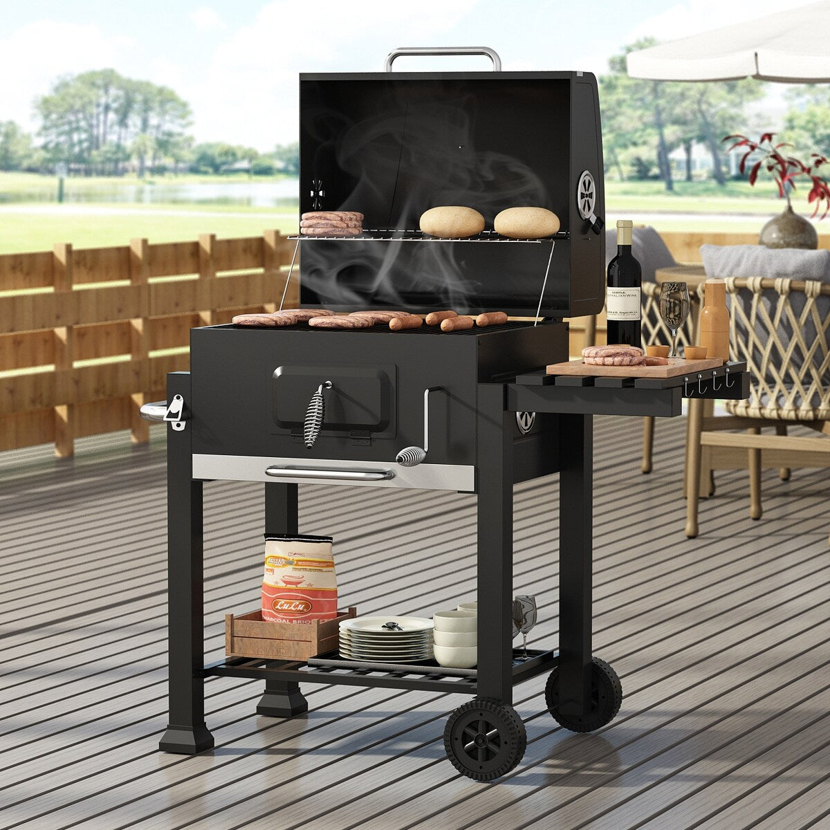 Steel Portable Outdoor Charcoal BBQ Grill Offset Smoker With Cover