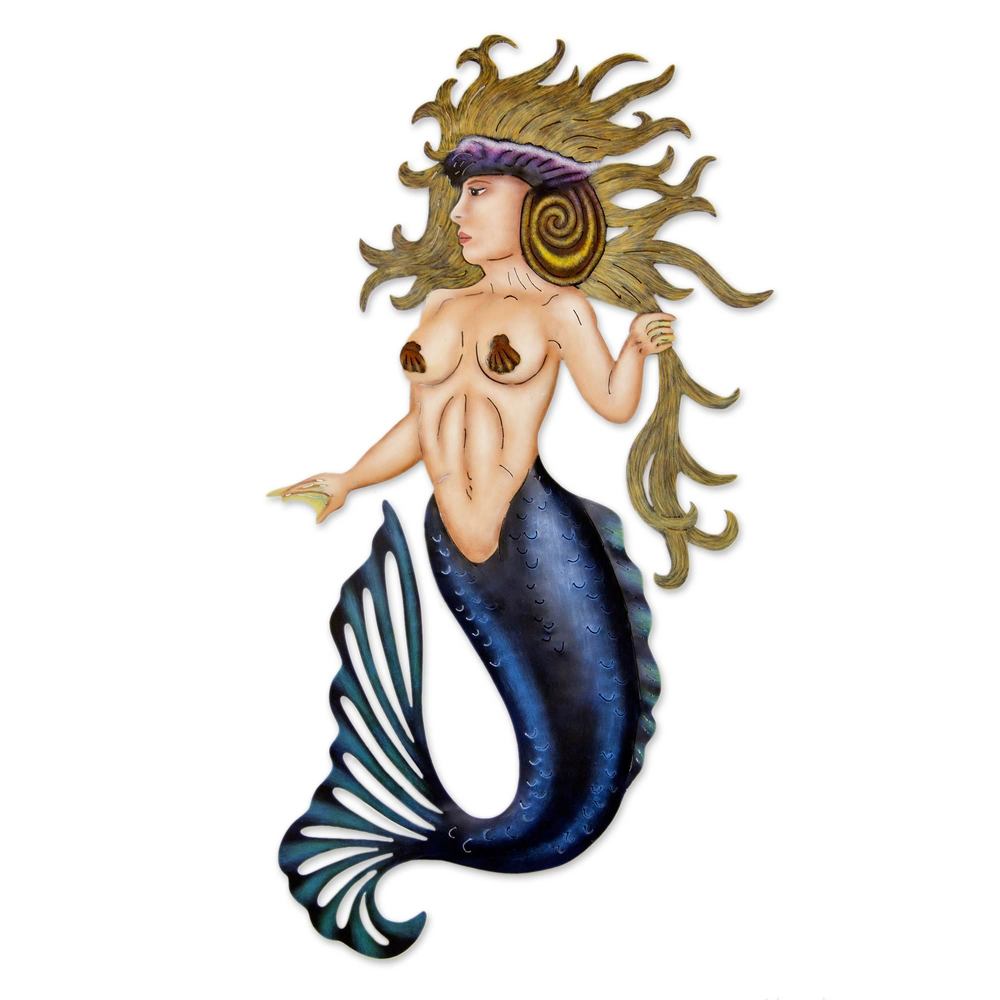 Steel Wall Sculpture, 'Conch Queen Mermaid' (Mexico)