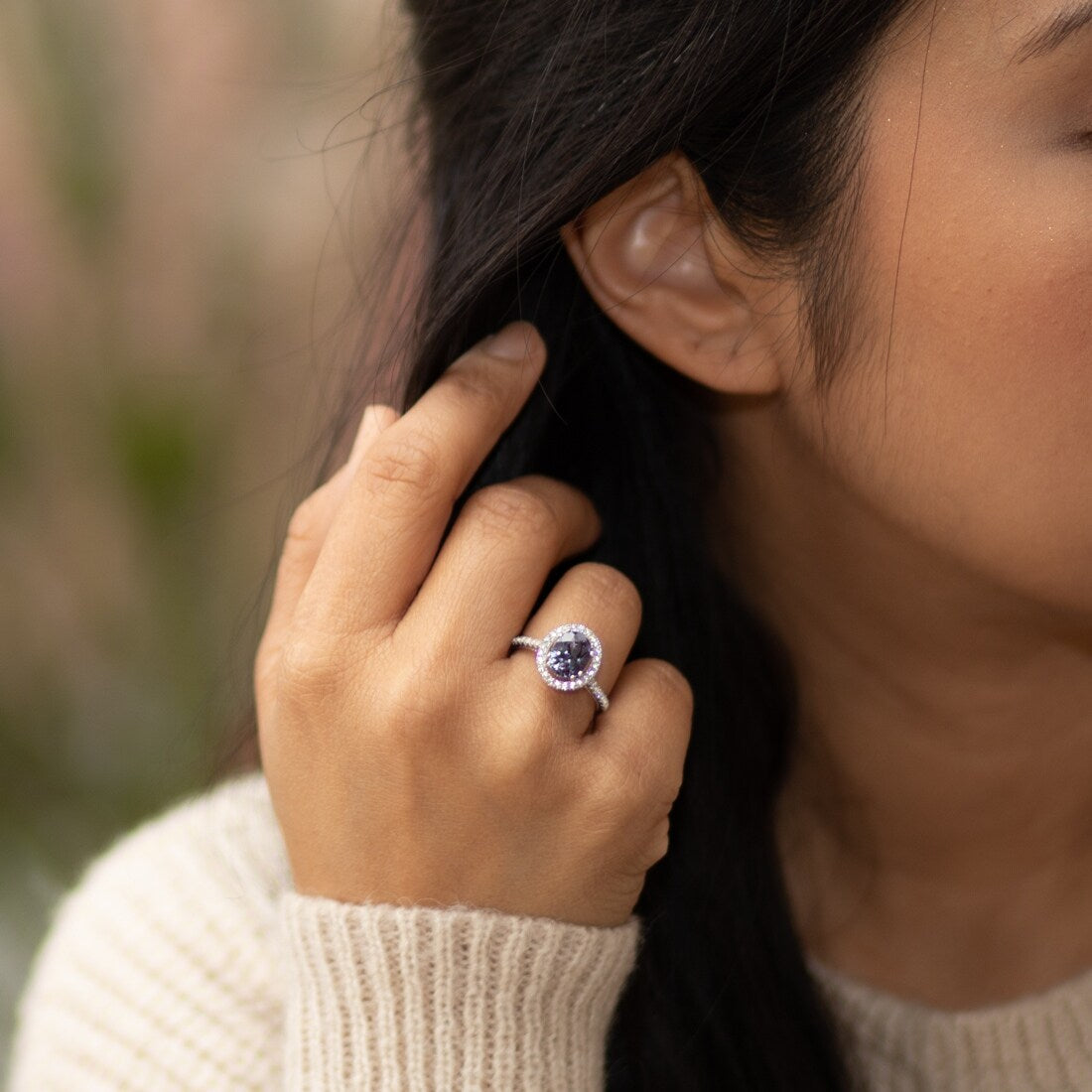 Sterling Silver 2.5 ct Color-changing Alexandrite Halo Ring