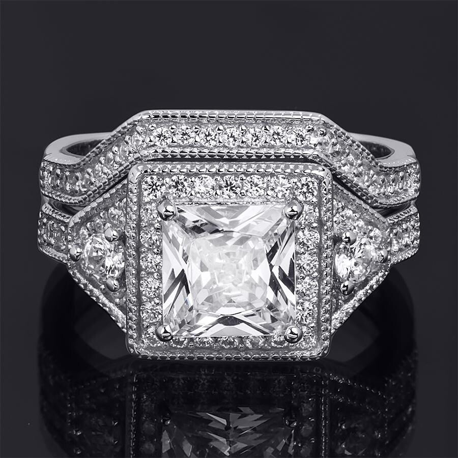 Sterling Silver Brilliant 3.0 CT Wedding Band Ring Set Princess Cut