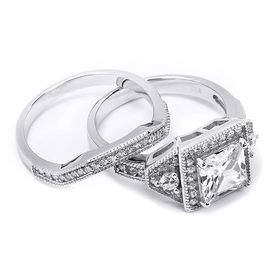 Sterling Silver Brilliant 3.0 CT Wedding Band Ring Set Princess Cut