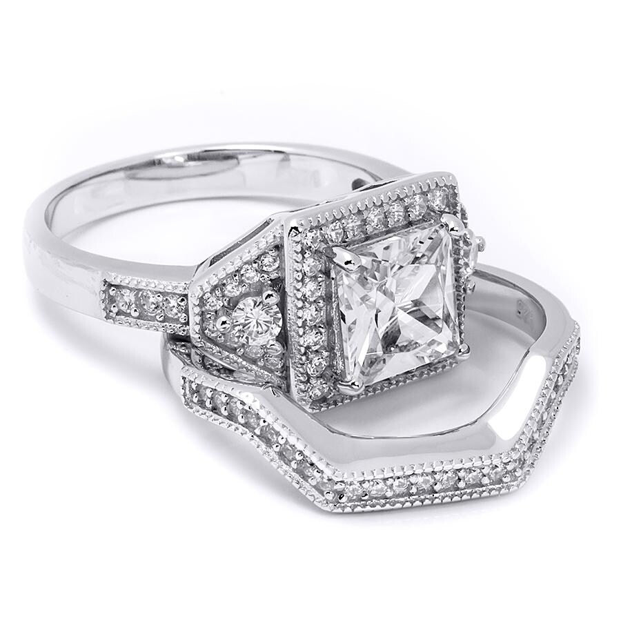 Sterling Silver Brilliant 3.0 CT Wedding Band Ring Set Princess Cut