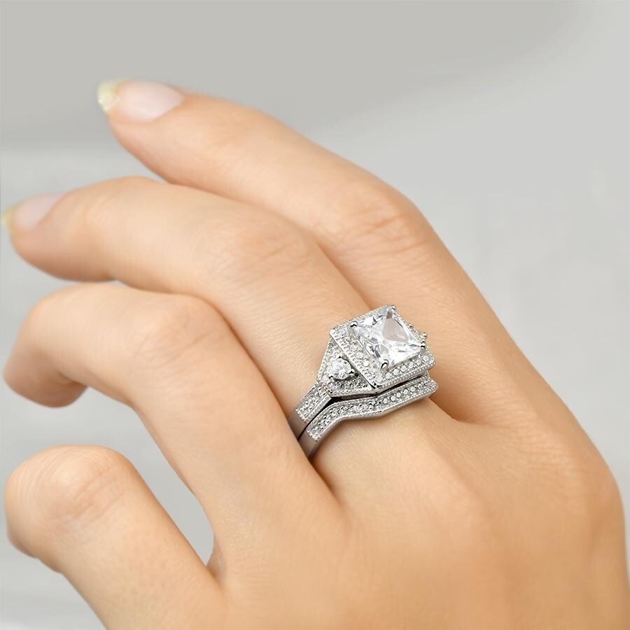 Sterling Silver Brilliant 3.0 CT Wedding Band Ring Set Princess Cut