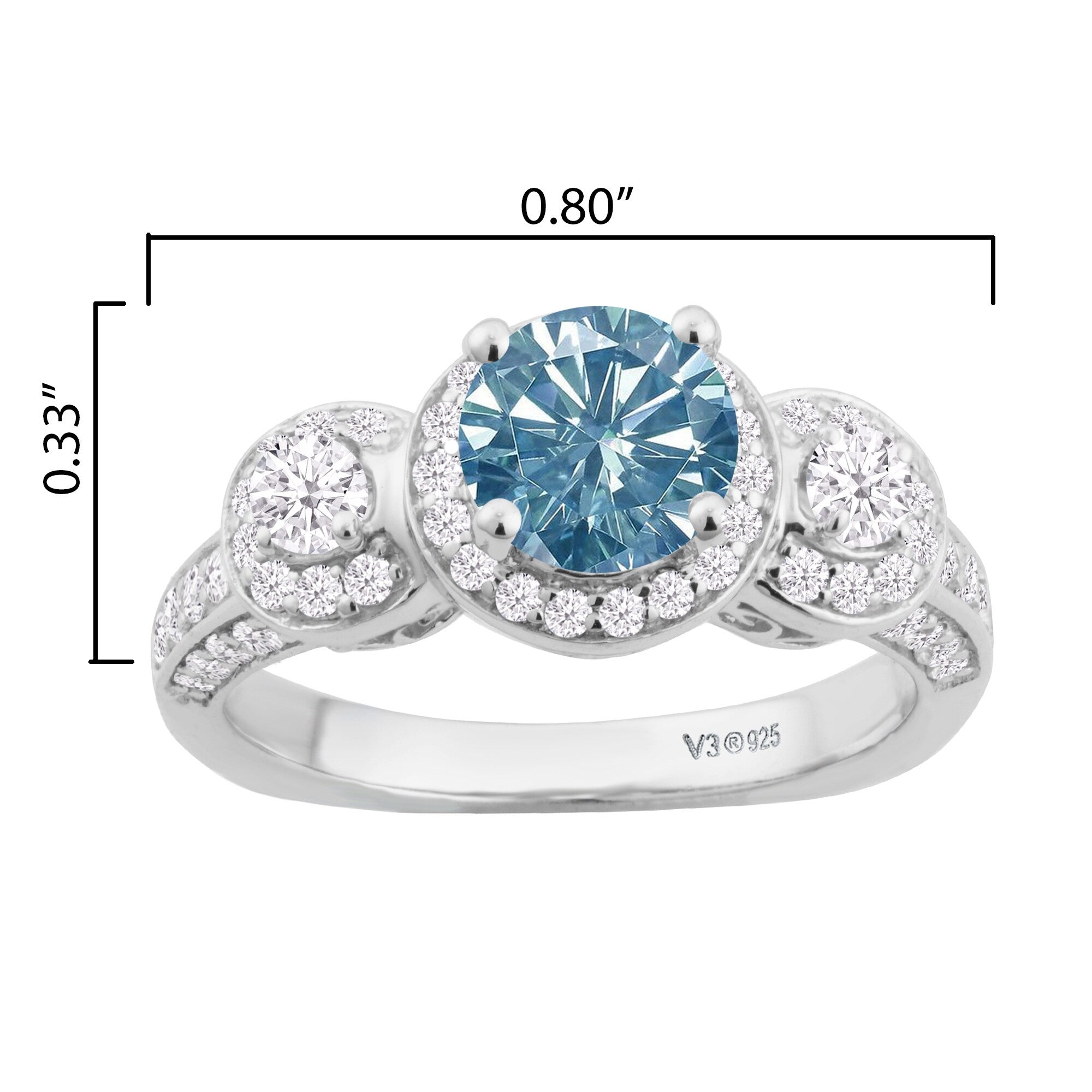 Sterling Silver Blue Moissanite & White Diamond Three Stone Ring