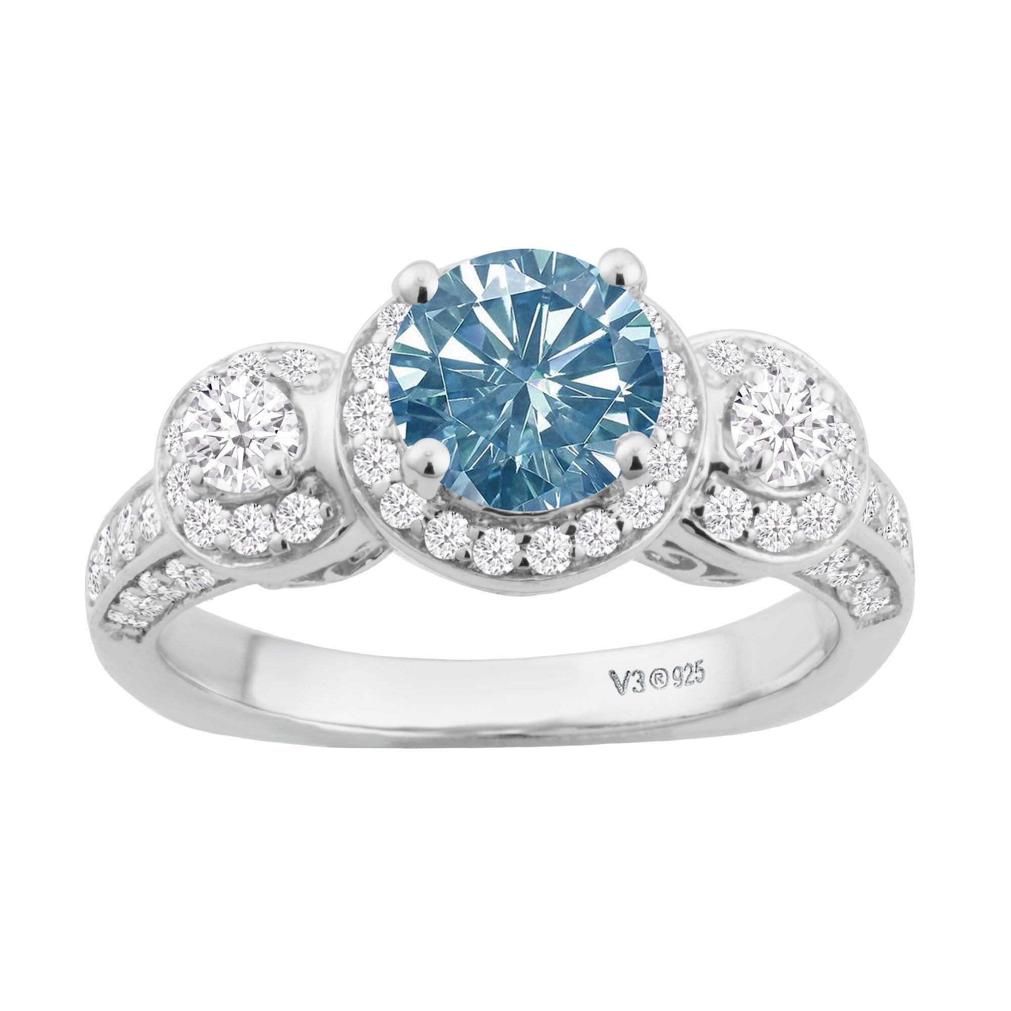 Sterling Silver Blue Moissanite & White Diamond Three Stone Ring