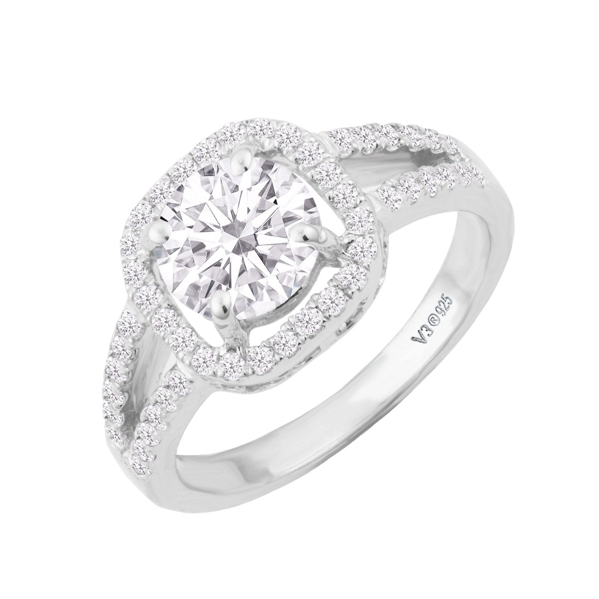 Sterling Silver with Moissanite and White Diamond Halo Ring
