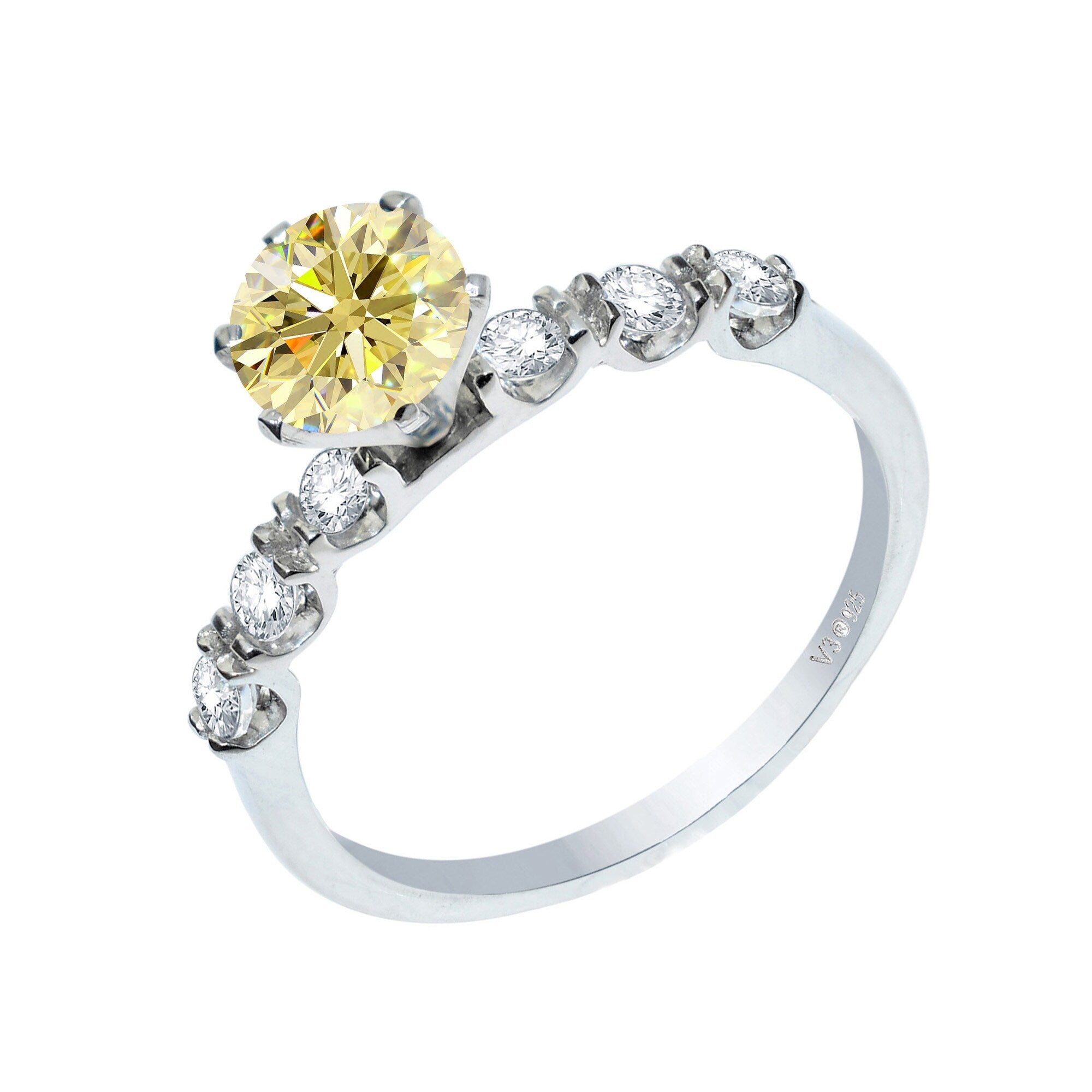 Sterling Silver Yellow Moissanite and White Topaz Engagement Ring