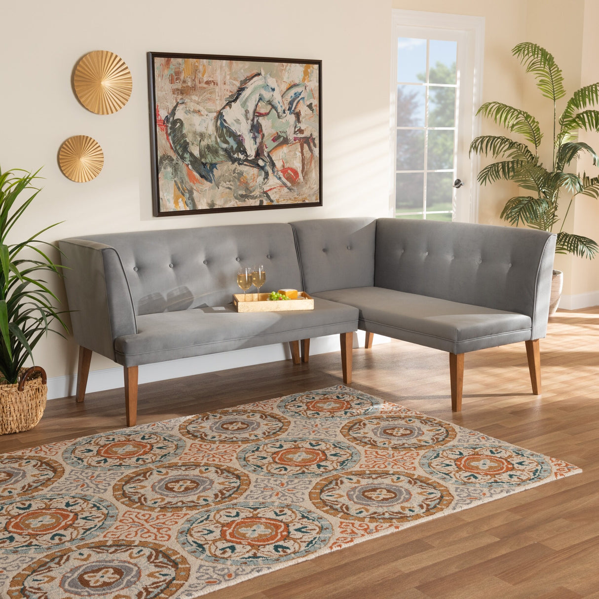 Stewart Mid-Century Velvet Dining Nook Banquette Set(2PC)-Grey