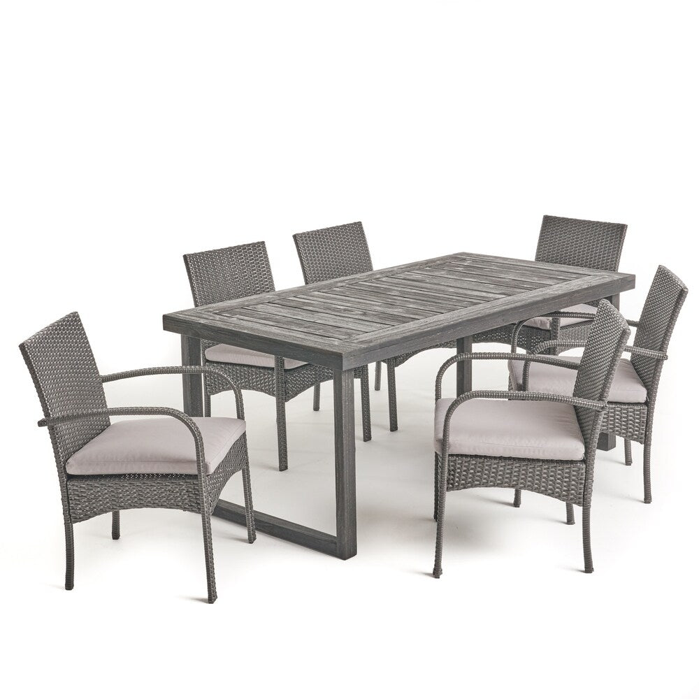 Stillwater Outdoor 6-Seater Acacia Wood Dining Set with Wicker Chairs by Christopher Knight Home