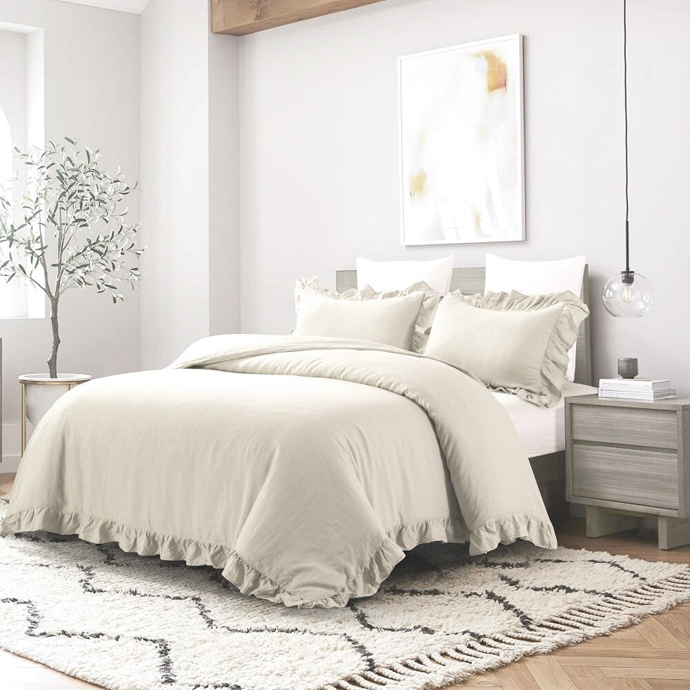 WHOLINENS Stone Washed French Linen Duvet Cover Set Ruffle Style