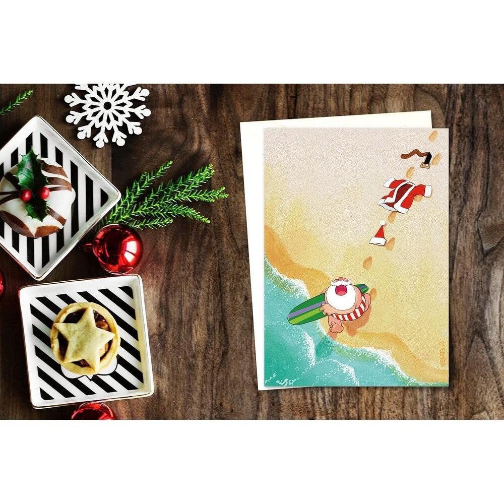 Stonehouse Collection | Running to Surf Santa Funny Beach | Beach Christmas Cards 18 Cards and 19 Envelopes (Surfs Up Santa)