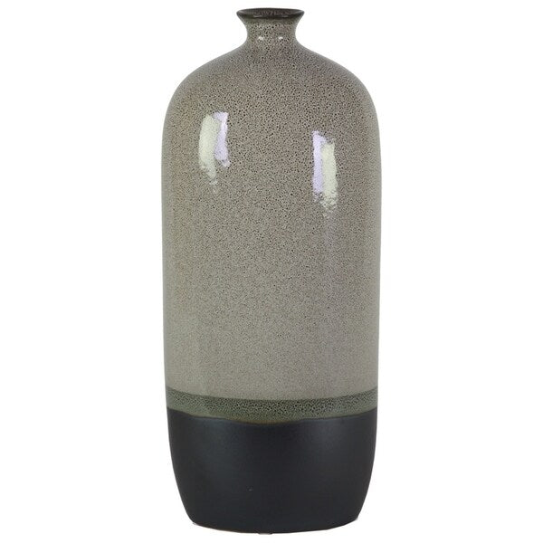 Stoneware Bottle Vase With Black Banded Rim Bottom, Large, Glossy Gray
