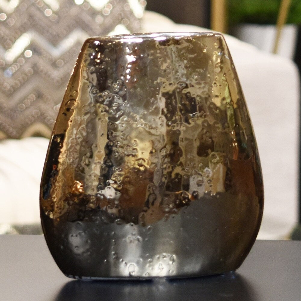 Stoneware Elliptical Bellied Vase Hammered Chrome Finish Antique Brass