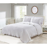 Stonewashed Super Soft Diamond Stitched with Ruffle Border Embroidered Quilt Set White