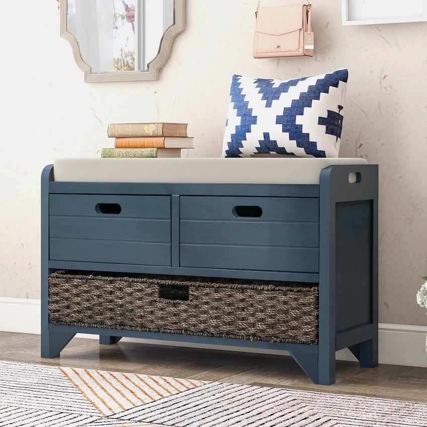 Storage Bench Entryway Bench with Removable Basket and 2 Drawers, with Removable Cushion for Living Room