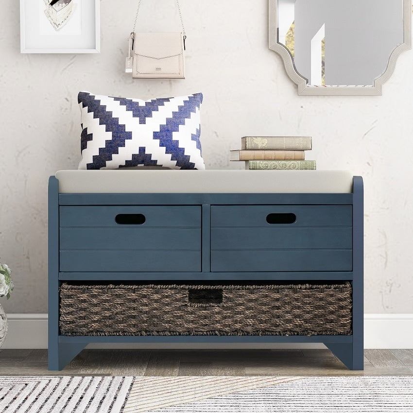 Storage Bench Entryway Bench with Removable Basket and 2 Drawers, with Removable Cushion for Living Room