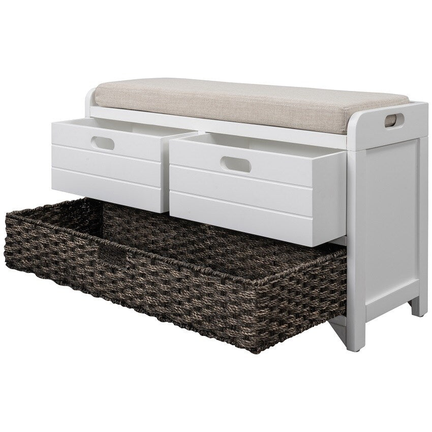 Storage Bench Entryway Bench with Removable Basket and 2 Drawers, with Removable Cushion for Living Room