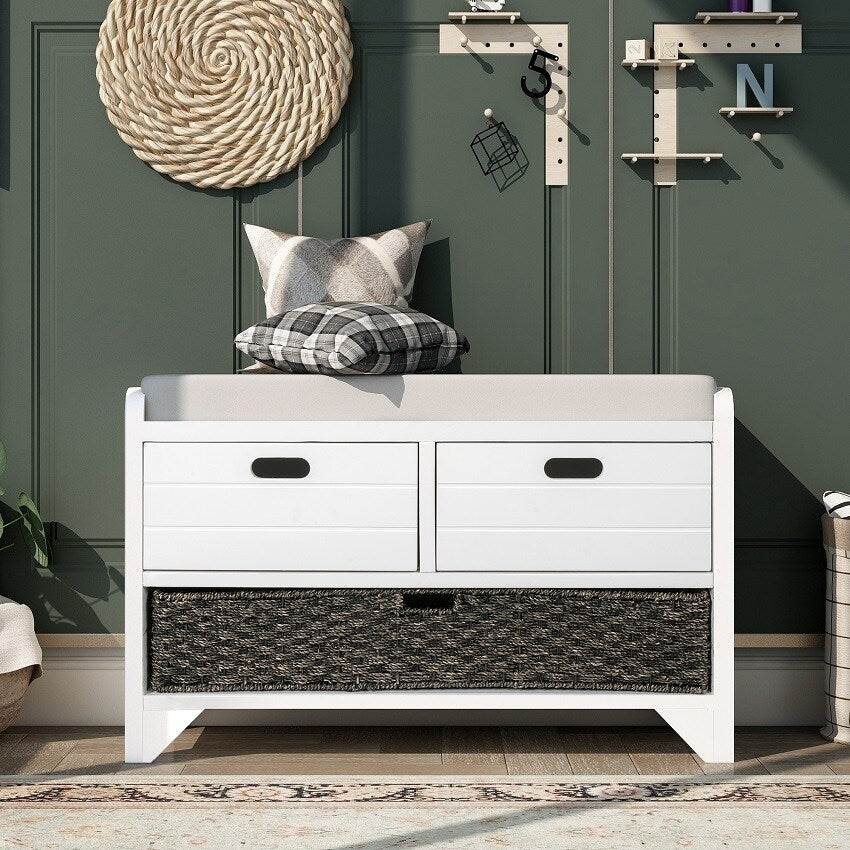 Storage Bench Entryway Bench with Removable Basket and 2 Drawers, with Removable Cushion for Living Room