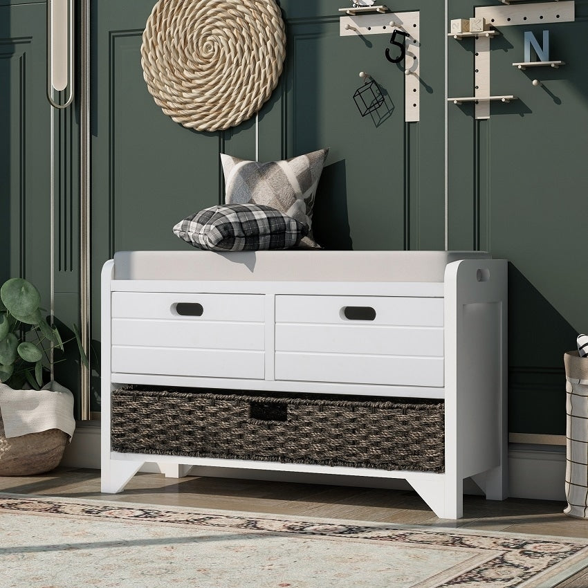Storage Bench Entryway Bench with Removable Basket and 2 Drawers, with Removable Cushion for Living Room