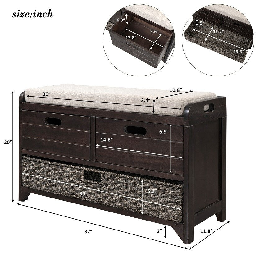 Storage Bench Entryway Bench with Removable Basket and 2 Drawers, with Removable Cushion for Living Room