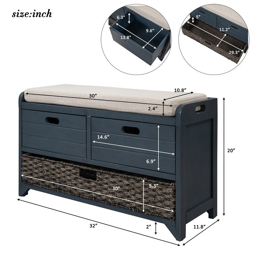 Storage Bench Entryway Bench with Removable Basket and 2 Drawers, with Removable Cushion for Living Room
