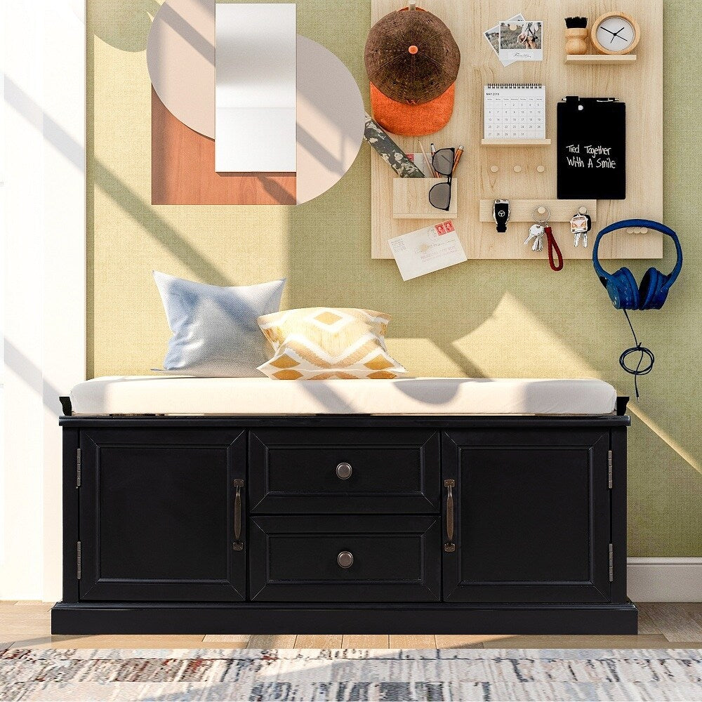 Storage Bench w/2 Drawers & 2 cabinets, Shoe Bench w/Removable Cushion