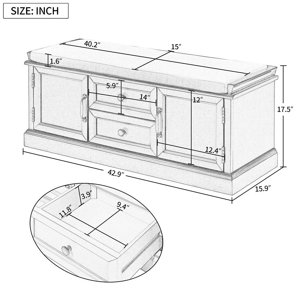 Storage Bench w/2 Drawers & 2 cabinets, Shoe Bench w/Removable Cushion